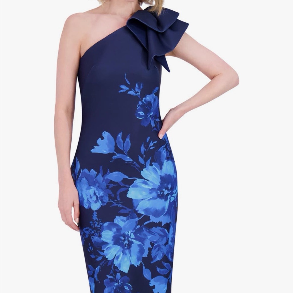 Eliza J Navy Blue Floral One-Shoulder Dress